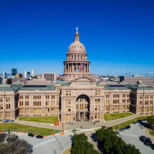 Aerial View Texas State Capitol Building Austin Texas on a clear Blue Sky morning